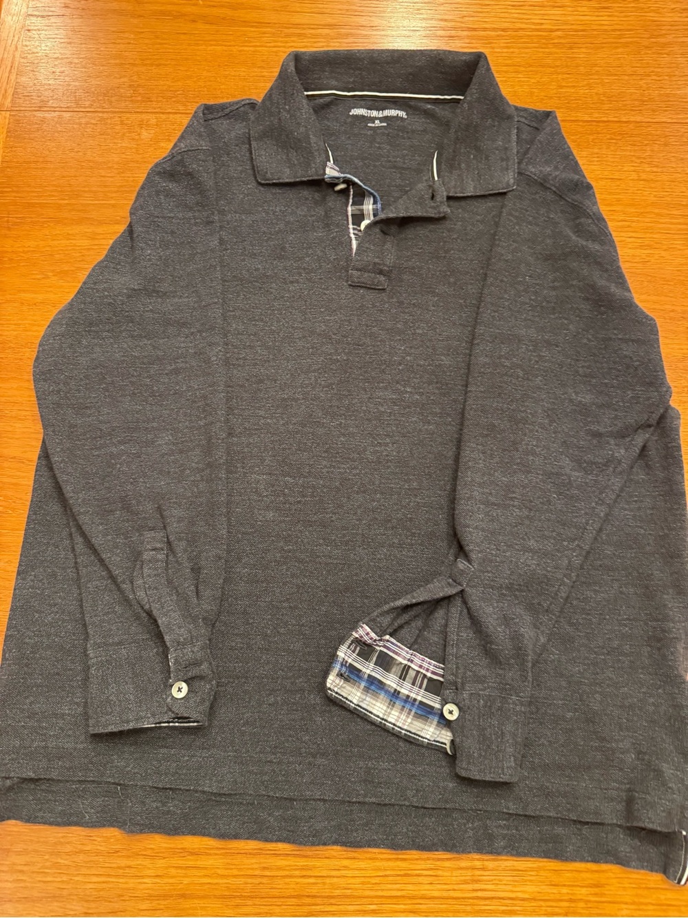 Johnston & Murphy Men's XL Charcoal Gray Long Sleeve Polo Plaid trim